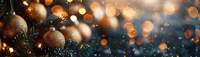 un' contemporaneo, pulito impostare con un' Natale albero con geometrico palline, impostato contro un' elegante, buio sfondo con luci artisticamente sfocato, largo spazio sopra per editoriale foto