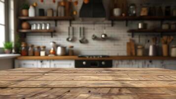 di legno tavolo primo piano con un' cucina sfondo, ottimizzato per Prodotto spara coinvolgere cucina elementi e culinario configurazioni, integrato di un' sfocato camera effetto foto