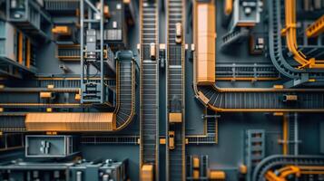 trasportatore cintura trasporto settore automobilistico parti attraverso il fabbrica a partire dal superiore Visualizza senza soluzione di continuità movimento di parti, in mostra la logistica nel Avanzate tono con un analogo colore schema foto