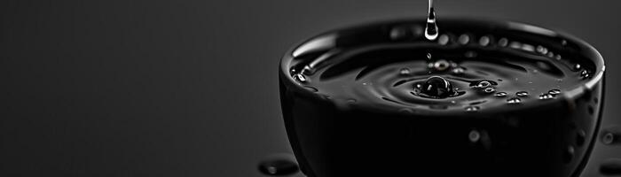 un' monocromatico tema con caffè gocciolante in un elegante nero tazza, il gocciola evidenziato contro un' Opaco nero sfondo, ampio spazio su il sinistra per minimalista testo. foto