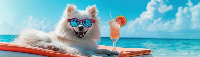 ritratto bianca spitz cane con occhiali da sole su sole lettino con cocktail su spiaggia foto