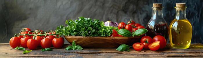 un' vibrante, illuminato lateralmente tiro sottolineando il fresco ingredienti di un' mediterraneo insalata, impostato contro un' semplice sfondo, esteso panoramico spazio sopra per copia. foto