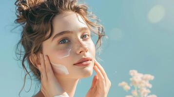 un' bellissimo giovane donna con Perfetto pelle l'applicazione cura della pelle crema impostato contro un' pallido blu sfondo foto