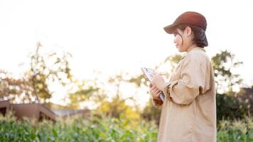 un' giovane asiatico femmina fiore azienda agricola proprietario o agronomo Lavorando nel un' fiore azienda agricola. foto