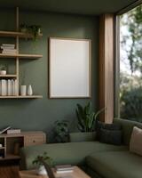 un' moderno vivente camera nel verde colore Caratteristiche un' accogliente verde divano e un' telaio modello su un' verde parete. foto