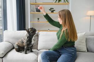 femmina proprietario giocando con gioioso cane a casa. giocando con cane concetto foto