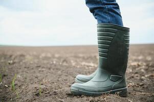 un' contadino nel stivali lavori con il suo tavoletta nel un' campo seminato nel primavera. un agronomo passeggiate il terra, valutare un' arato campo nel autunno. agricoltura. inteligente agricoltura tecnologie foto