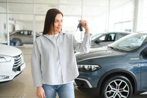 bellissimo giovane femmina cliente cliente la scelta nuovo auto foto