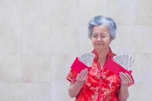 anziano donna indossare un' tradizionale cheongsam qipao vestito Tenere noi banconote mentre in piedi nel il vivente camera. concetto di anziano persone e Cinese nuovo anno foto