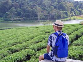 indietro Visualizza di un' giovane uomo con un' viaggio zaino mentre seduta godendo il naturale ambiente di verde tè piantagione foto