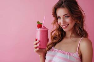 contento incinta donna potabile verde verdura succo o frullato a casa. foto