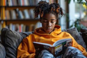 adolescente ragazzo lettura un' libro a casa. foto