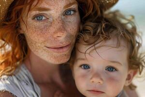 contento giovane testa Rossa mamma hold nel mani bambino. foto