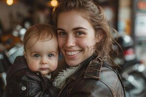 sorridente donna indossare pelle giacca e sua bambino piccolo , motocicletta nel il sfondo. foto