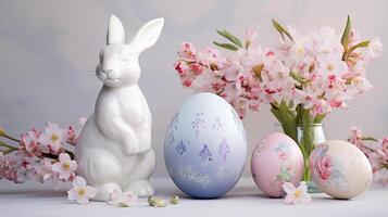 Pasqua carta con fiori, Pasqua uova e Pasqua coniglietto. leggero indietro foto