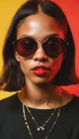 foto di bellissimo africano donna con stile occhiali da sole in piedi contro rosso e giallo sfondo,