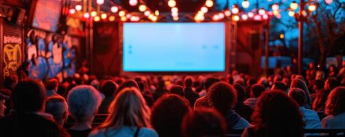 persone Guardando all'aperto cinema, grande schermo mostrare. Visualizza a partire dal dietro. foto