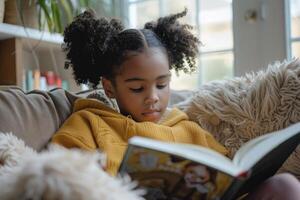 ragazza lettura un' libro e sorridente mentre seduta su un' divano nel il camera. foto