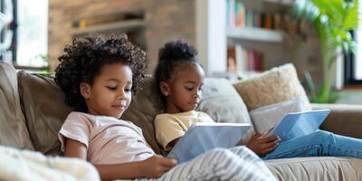 carino bambini lettura un' libro e sorridente mentre seduta su un' divano nel il camera. foto