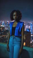 foto di bellissimo adulto africano donna in piedi in posa per immagine a notte futuro città nel sfondo,