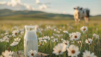 pastorale fascino abbonda come un' dolce mucca sfiora nel lussureggiante prato, accompagnato di latte bottiglia e bicchiere, un evocativo rappresentazione di campagna serenità e sano latteria delizie. foto