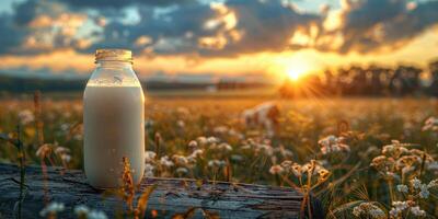 pastorale fascino abbonda come un' dolce mucca sfiora nel lussureggiante prato, accompagnato di latte bottiglia e bicchiere, un evocativo rappresentazione di campagna serenità e sano latteria delizie. foto