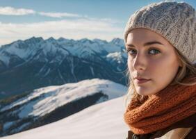 contemplativo giovane donna nel nevoso montagna ambientazione foto