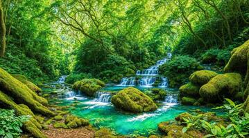 lussureggiante verde foresta con a cascata cascata nel sereno naturale paesaggio foto