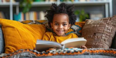 carino ragazzo lettura un' libro e sorridente mentre seduta su un' divano nel il camera. foto