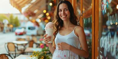 incinta giovane donna mangiare ghiaccio crema cono. foto