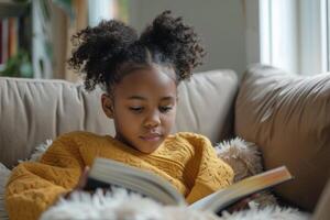 ragazza lettura un' libro e sorridente mentre seduta su un' divano nel il camera. foto