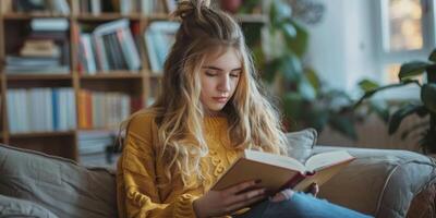 adolescente ragazza lettura un' libro a casa. foto