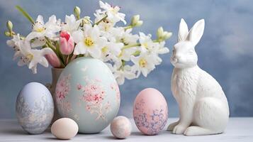 Pasqua carta con fiori, Pasqua uova e Pasqua coniglietto. leggero indietro foto