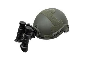 notte visione dispositivo allegato per il casco. un' speciale dispositivo per osservando nel il scuro. attrezzatura per il militare, polizia e speciale forze. isolato su un' bianca sfondo. foto