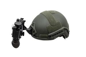 notte visione dispositivo allegato per il casco. un' speciale dispositivo per osservando nel il scuro. attrezzatura per il militare, polizia e speciale forze. isolato su un' bianca sfondo. foto