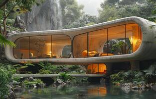 moderno futuristico Casa nel il giungla 3d interpretazione foto