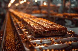 cioccolato barre siamo in movimento lungo il trasportatore cintura dopo essere rivestito con cioccolato Smalto foto