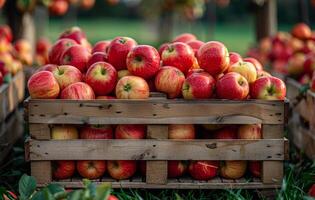 fresco rosso mele nel di legno casse nel Mela frutteto foto