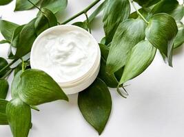 vicino su di mano crema contenitore con verde le foglie su bianca sfondo. cura della pelle e naturale bellezza concetto. per assistenza sanitaria, benessere, e biologico Prodotto manifesto. foto