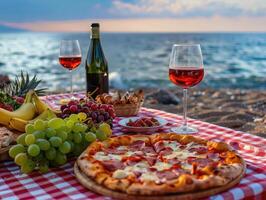 picnic su il spiaggia a tramonto con un' diffusione di fresco frutta, peperoni Pizza, e rosso vino. romantico estate cenare, cibo, e vino degustazione concetto con mare Visualizza. ai generazione foto