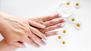 vicino su di mezzo età donna mani l'applicazione crema con camomilla fiori e mano crema contenitore su bianca sfondo. cura della pelle e naturale bellezza concetto. foto