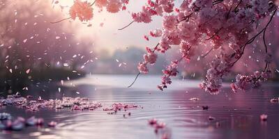 ciliegia fiorire rami al di sopra di acqua, con luminosa rosa fiori e petali caduta in acqua nel lago. di stagione sakura fiore. ai generazione. foto