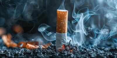 ardente sigaretta in piedi in posizione verticale su cenere con Fumo su buio sfondo vorticoso intorno a. simbolo di fumare, dipendenza, e Salute pericoli. ai generazione. foto