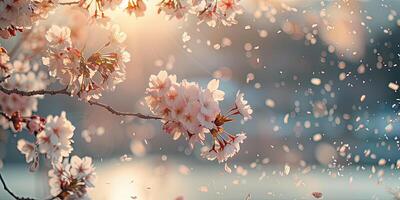 ciliegia fiorire ramo nel pieno fioritura con petali nel il aria, caldo luce del sole retroilluminazione delicato rosa fiori contro morbido messa a fuoco sfondo. floreale sakura sfondo. ai generazione. foto