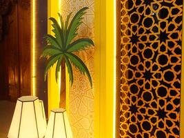 un' panoramico Visualizza di un interno casa disegno, decorativo lampada, palma albero e geometrico modello di islamico cultura. Arabo ambiente di interno edificio foto
