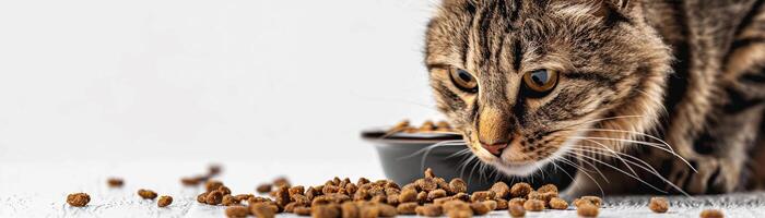 un' gatto mangia asciutto cibo nel un' ciotola, isolato su bianca sfondo foto