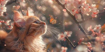 gatto guardando su a un' farfalla arroccato su un' albero ramo foto