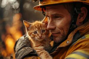 un' vigile del fuoco con orgoglio detiene un' salvato gattino nel il suo braccia, internazionale i vigili del fuoco giorno foto