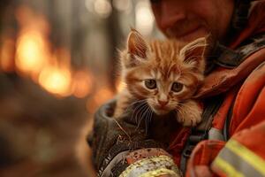 pompiere Tenere un' piccolo gattino nel il suo braccia, internazionale i vigili del fuoco giorno foto