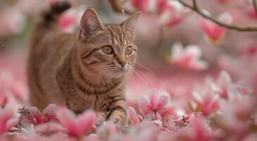 un' gatto senza fretta passeggiate attraverso un' campo di vivace rosa fiori foto
